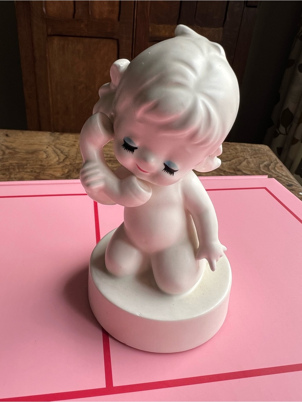Vintage Kitsch Ceramic girl on phone, Japan Ceramics, eyelash ceramics
